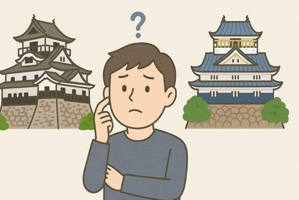 犬山城と岐阜城でどっちに行こうか迷っている人のイラスト